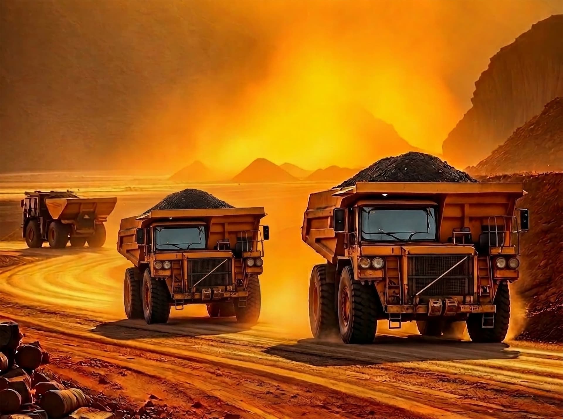 Large haul trucks transporting ore on a dusty mining road