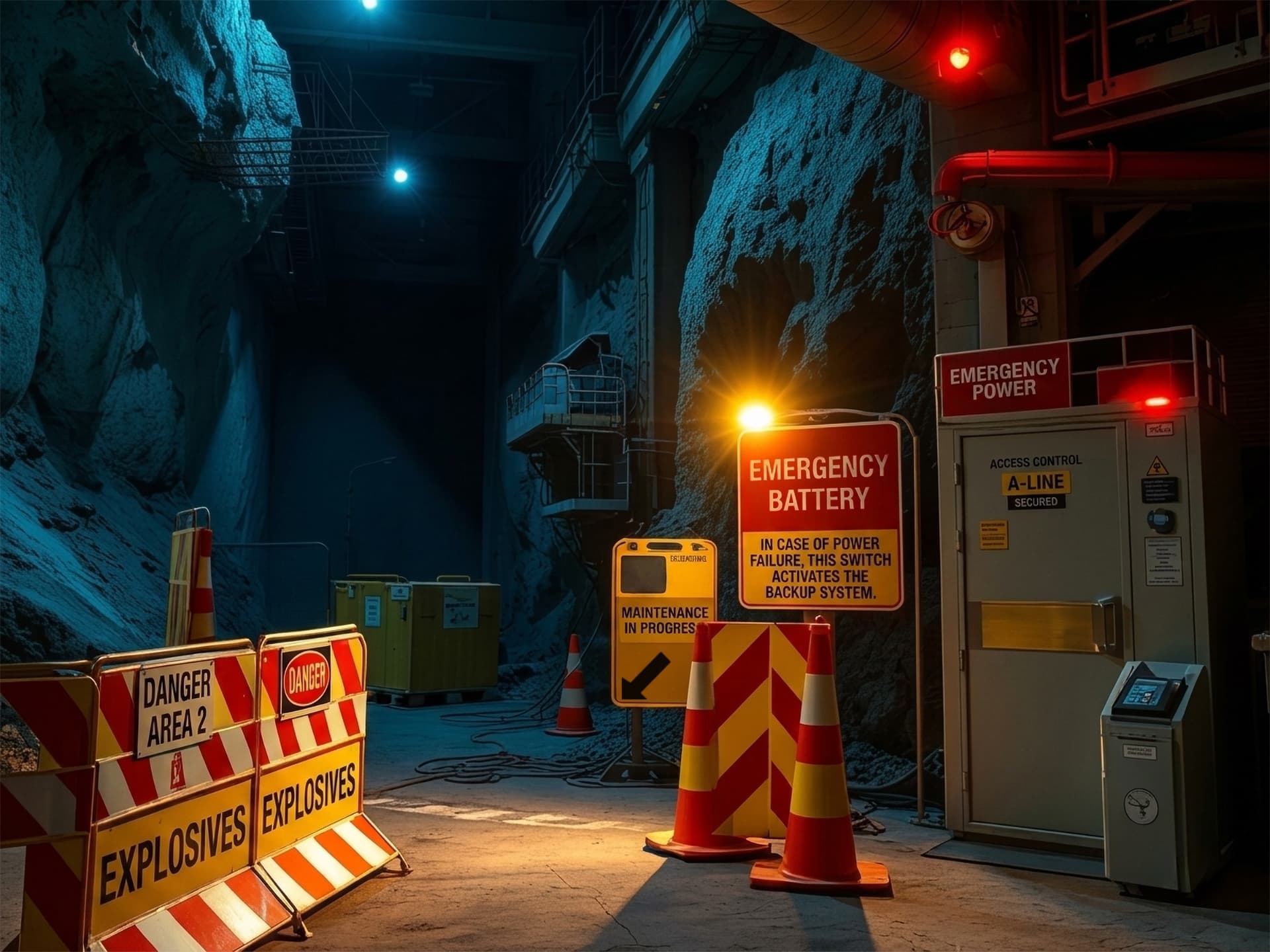 Mine safety signage and emergency equipment at an underground operation