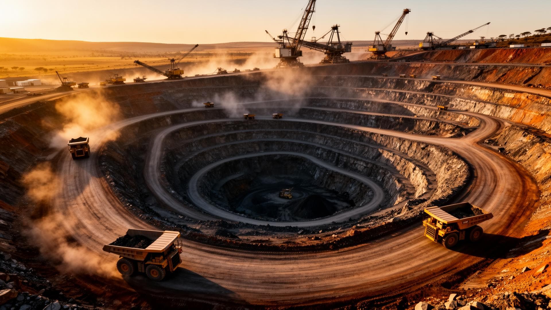 Open-pit mining operation with haul trucks in South Africa
