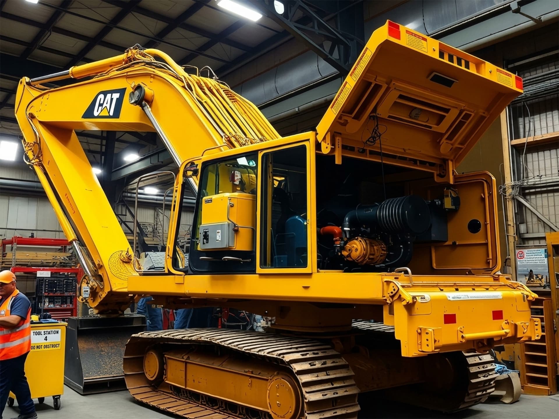 Heavy mining equipment being serviced in a maintenance workshop